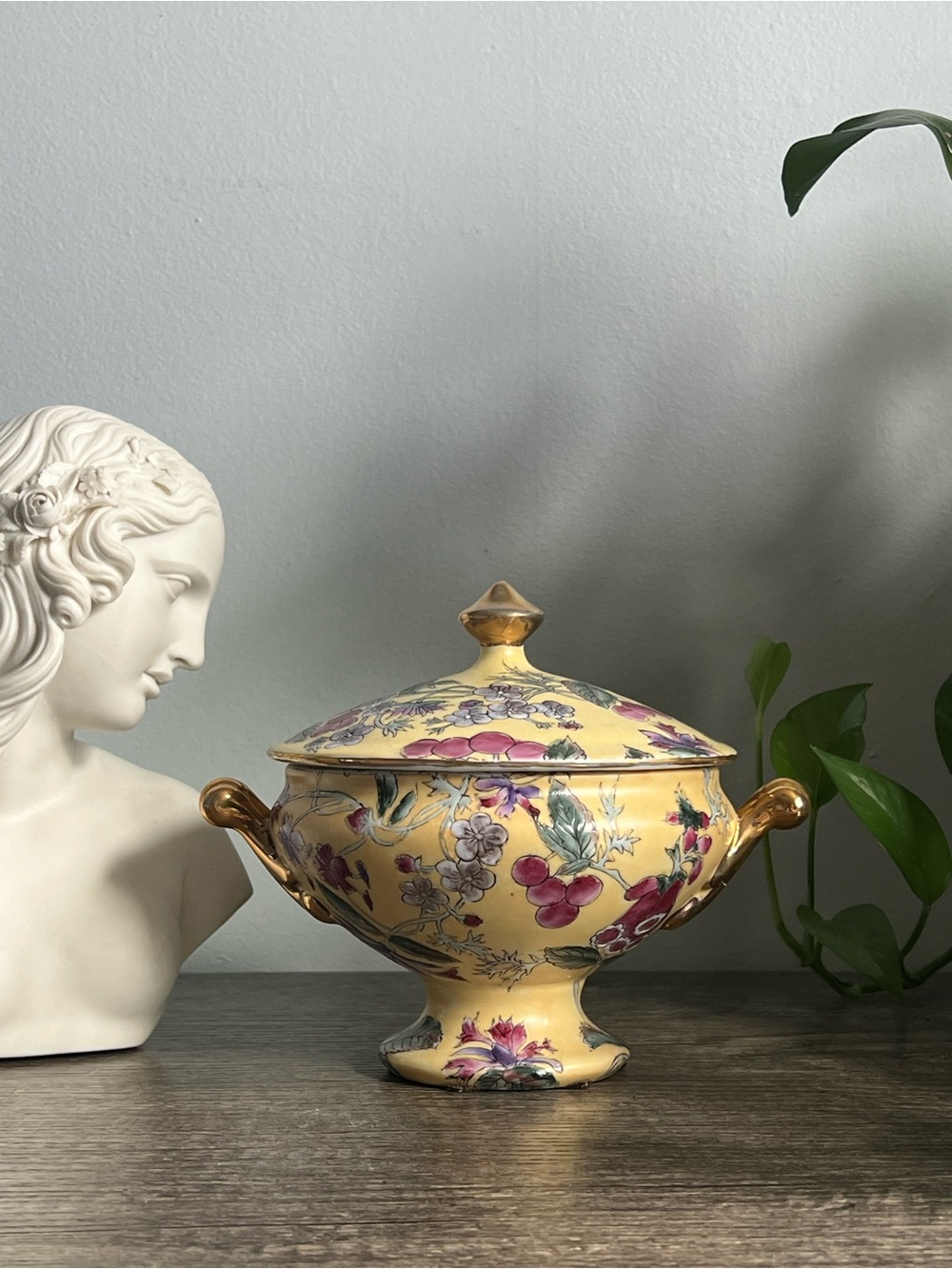 Vintage Yellow, Multi-colored Floral Porcelain Lidded Pedestal Dish